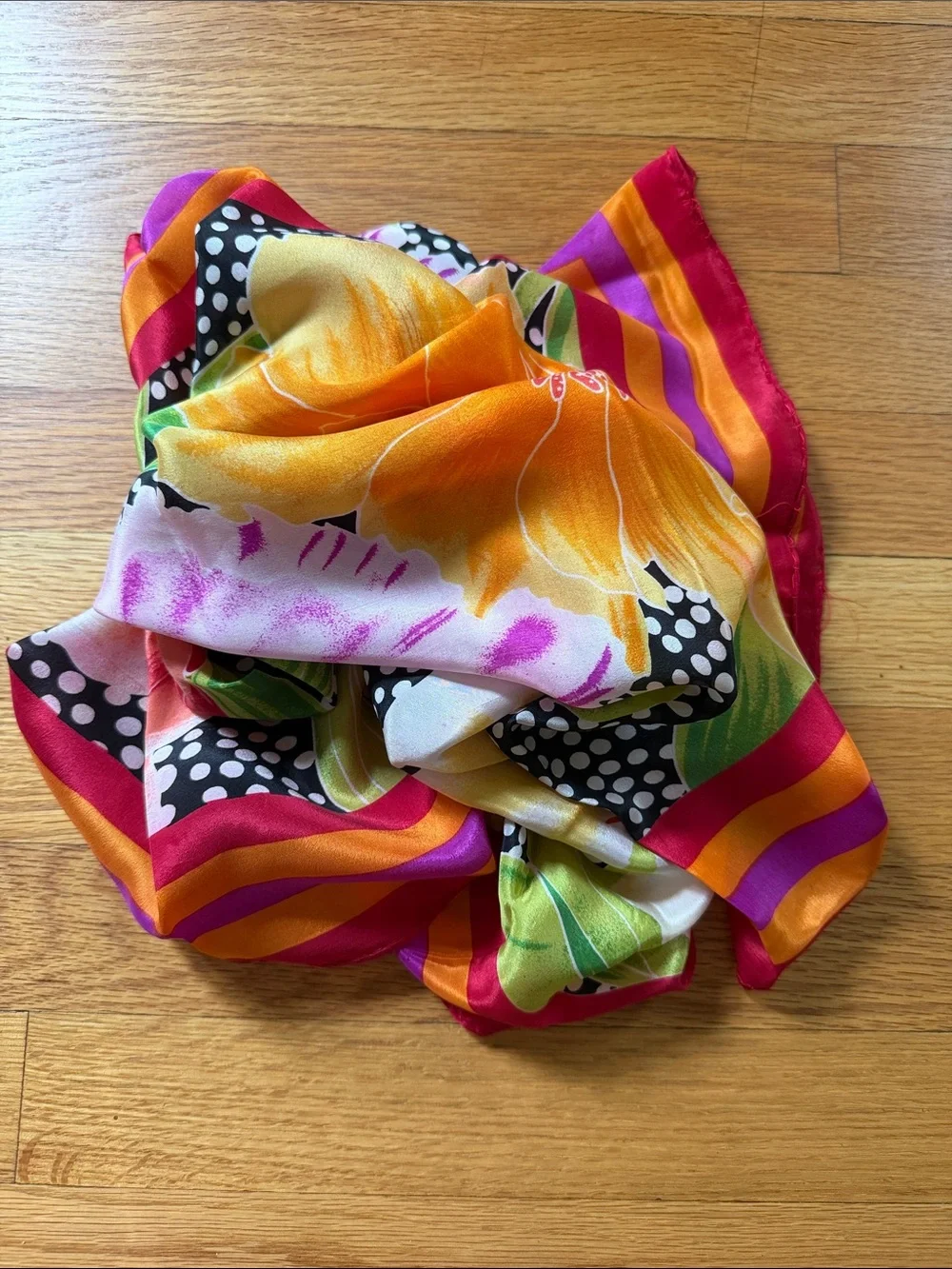 Vintage Vibrant Tropical Floral & Polka Dot Silk Square Scarf